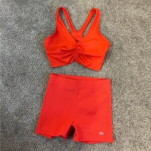 Alo Yoga bra and shorts set in Red hot summer color.